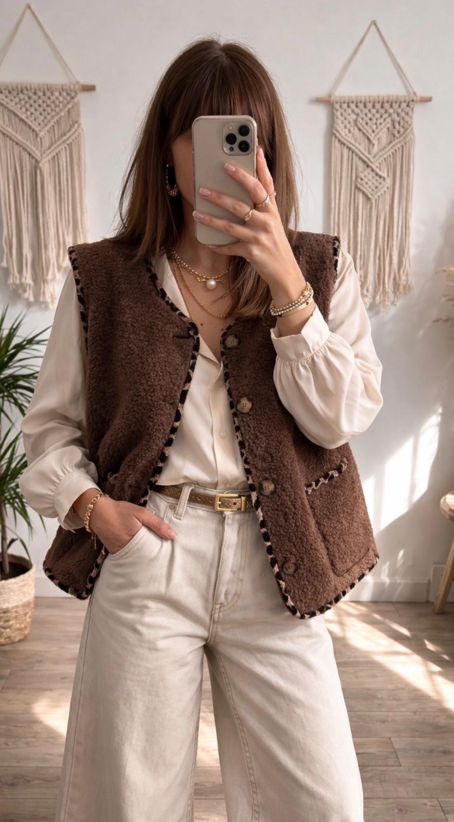 🤎Gilet sans manches effet moumoute marron léopard